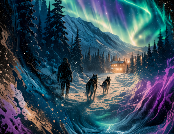 Husky Nordlicht Motiv in kleiner Druckgröße auf weißem Shirt