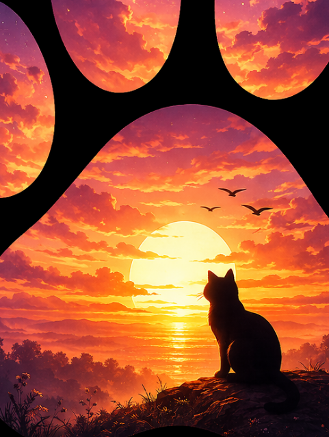 Pfotenmotiv mit Katze vor Sonnenaufgang in kleiner Druckgröße auf weißem Shirt